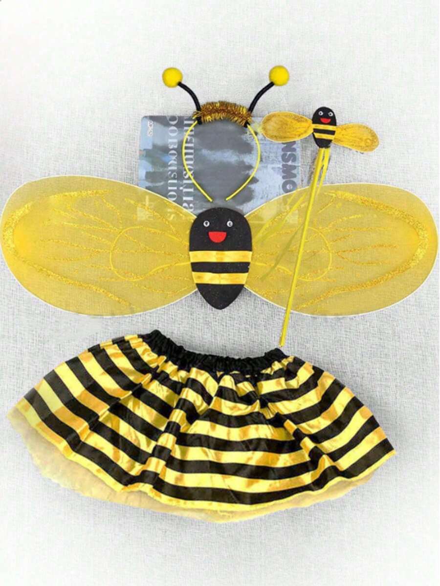 3pcs/4pcs Cute Bee Wing Costume Set, Yellow, Multi-Piece Combination Set, Suitable For Daily Wear, Halloween And Christmas Stage Performance. (May Have A Small Amount Of Powder Shedding, But It Will Not Affect The Use Or Appearance.)