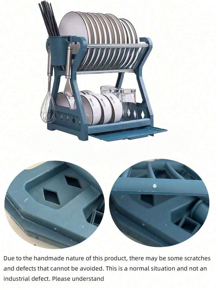 1pc Kitchen Dish Rack With Drainage System, Plastic Plate And Utensil Holder With 4 Hooks - Multicolor - View 1