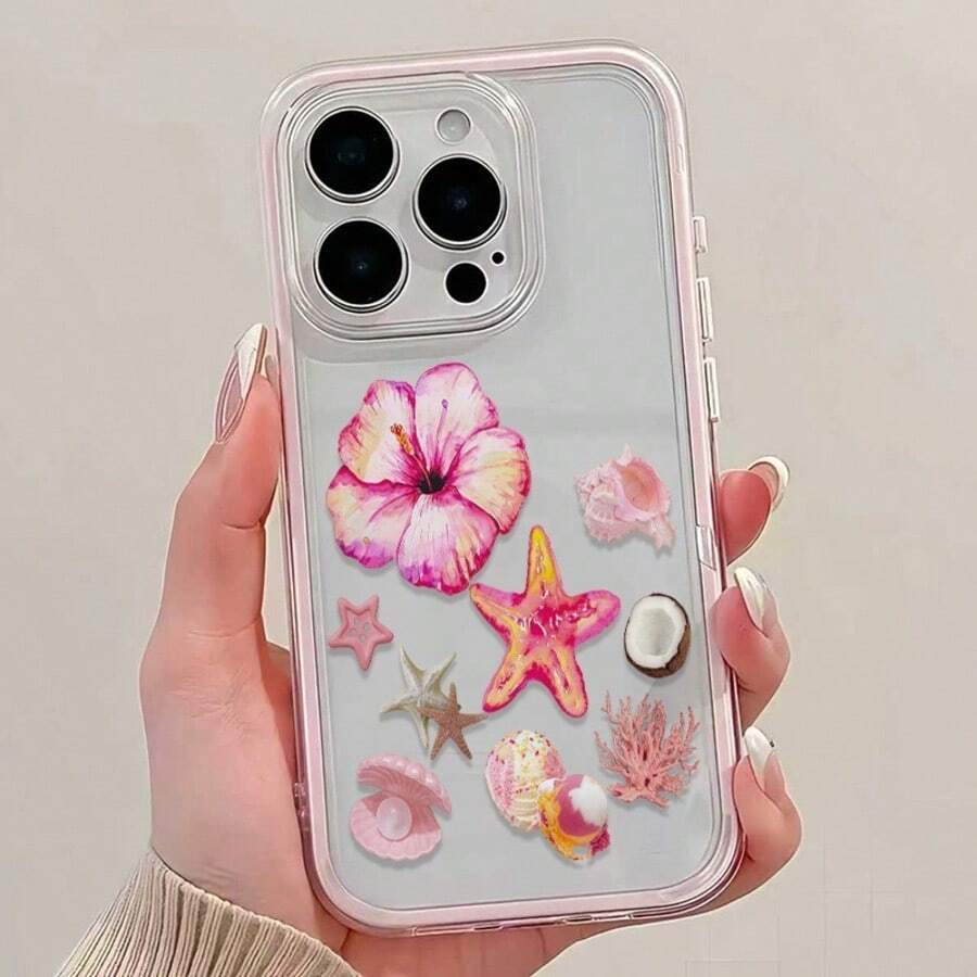 1 pieza Funda de teléfono de 2 en 1 de TPU con patrón floral de estrella de mar y coral de borde colorido, compatible con las series Apple 17 16 15 14 13 12 11 Plus Pro Max, funda protectora con estilo INS personalizada, minimalista y resistente a caídas, diseño de alta estética, regalo de cumpleaños/festividad - Multicolor 3 - Ver 1