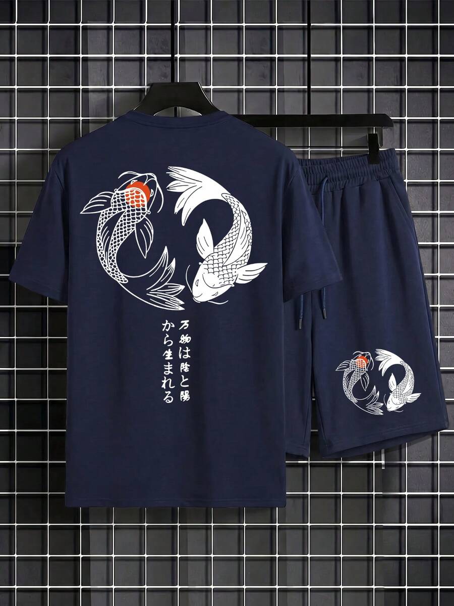 SU ER 男士印花圆领短袖T恤和抽绳短裤休闲套装 - 藏蓝色 - 查看 1
