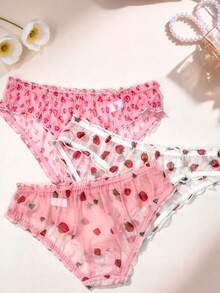 3 piezas Bragas de bikini minimalistas con estampado floral lindo y dulce para mujer - Multicolor - Ver 4