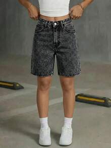 Quần short denim màu xám cài nút, túi, phong cách thường ngày dành cho nữ tuổi teen. - màu đen - Xem 1