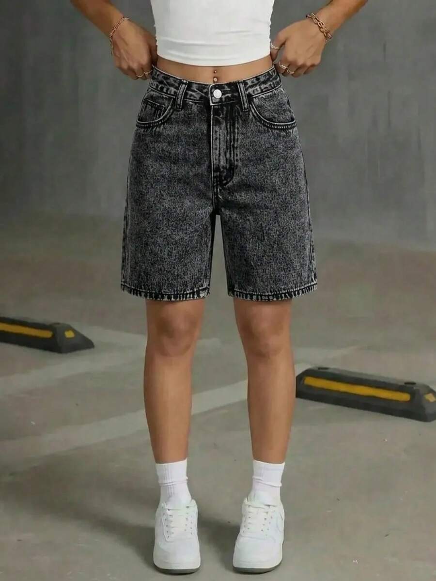 Quần short denim màu xám cài nút, túi, phong cách thường ngày dành cho nữ tuổi teen. - màu đen - Xem 1