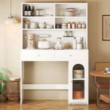 Kitchen Unit With Countertop, Sideboard And Tall Cabinet, Integrated Bar, With Clothes Hanging Rail, 2 Drawers, Adjustable Shelf And Open Storage Space, Kitchen And Dining Room Furniture In White. - White - View 2