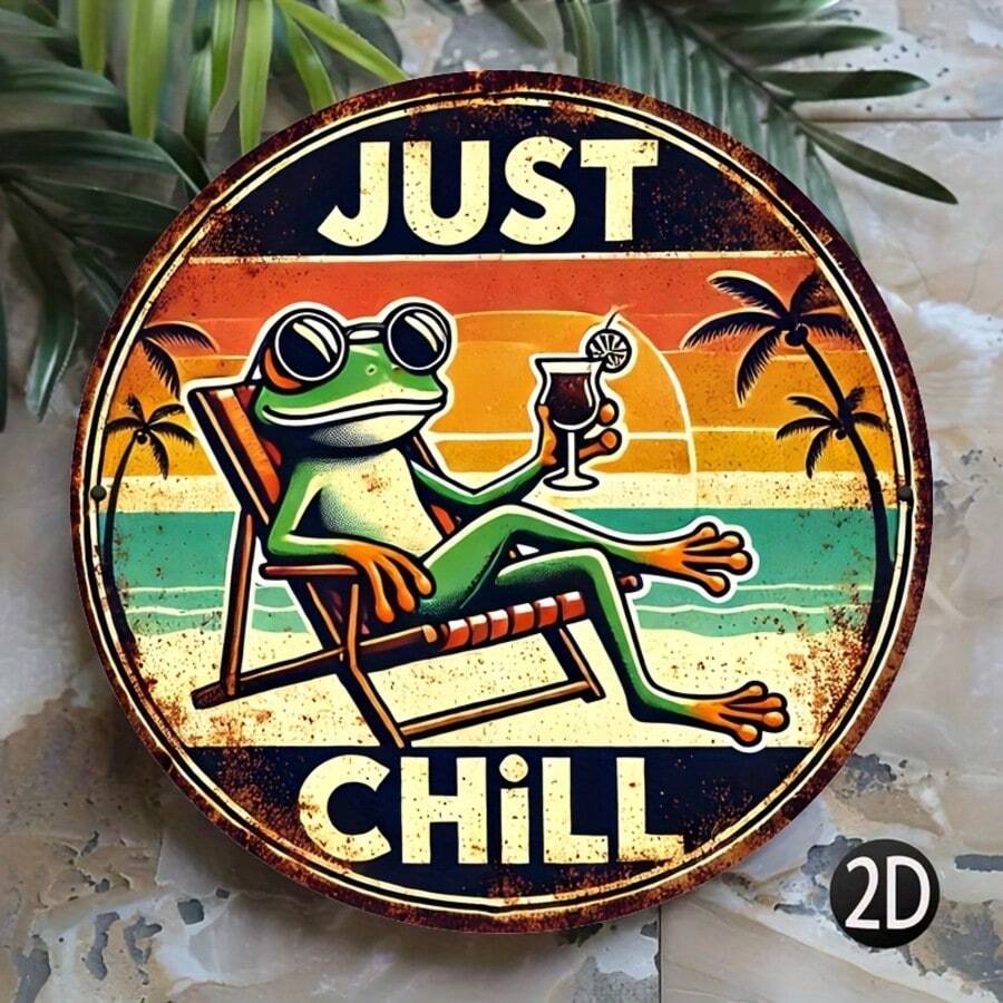 1pc 2D Flat Printed Round Iron Decorative Sign Plaque, Chill Out, Summer Tropical Frog Beach Tropical Palm Tree Theme, Iron 20*20 CM 8*8 Inch), Perfect For Bar, Pub, Living Room, Lounge, Room, Bedroom Decor (Random Hole Position) - A - View 1
