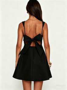 Women's Flower Embroidery Boho Mini Dress Backless Self-Tie Bowknot Square Neck Wide Straps Ruffle Mini Dresses Sleeveless Summer Vacation - 黑色 - 查看 4