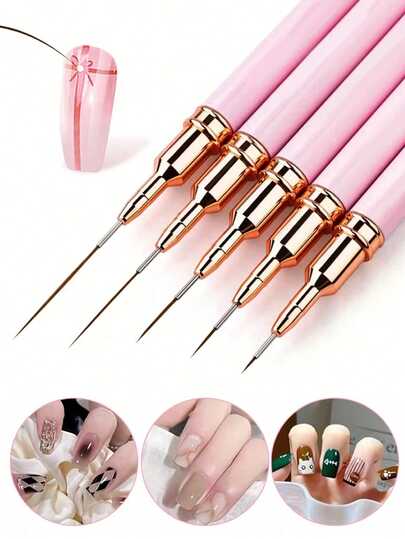 5支装美甲画笔套装 - 用于绘画和彩色线条绘制的工具。管状包装的勾线笔，使用方便，操作简单。