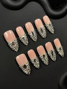 10pcs Handmade French Style Pointed Nail Stickers, Colorful Fingertips, Rhinestone Inlaid, Hand-Painted Creative Patterns And 3D Art Design, Full Coverage Glitter False Nails, Suitable For Dates, Parties, Gatherings, Outings And Special Occasions - Multicolor - View 4