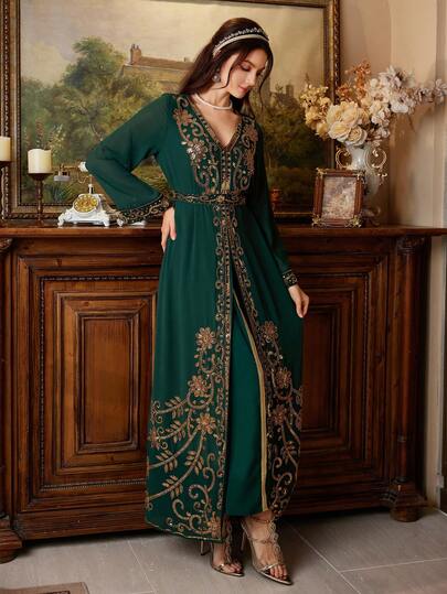 Vestido elegante de manga larga con lentejuelas 2 en 1 para mujer