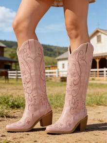 Cowboy Boots For Women Knee High Cowgirl Boots, Western Boots With Floral Embroidered Pointed Toe Chunky Heel Pull On Retro Vintage Classic Tall Boots For Ladies - Pink - View 4