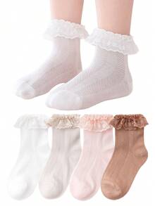 4双装女婴袜子，婴儿幼儿荷叶边蕾丝袜，女童荷叶边连衣裙袜，公主荷叶边袜，适合儿童 - 彩色 - 查看 24
