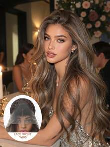 Ombre Grey Brown Wavy 13*4 Lace Front Wig, Pre-Plucked Natural Hairline With Baby Hair, Heat-Resistant Synthetic Fiber Glueless Natural Look Long Curly Wig 26 Inch - Brown Ombre - View 2