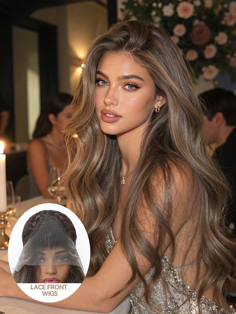 Ombre Grey Brown Wavy 13*4 Lace Front Wig, Pre-Plucked Natural Hairline With Baby Hair, Heat-Resistant Synthetic Fiber Glueless Natural Look Long Curly Wig 26 Inch