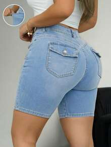 Comfortable Casual Slim Fit Mid-Waist Denim Shorts, Plus Size Design With Pockets, Distressed Wash, Suitable For Spring/Summer - Light Wash - View 4