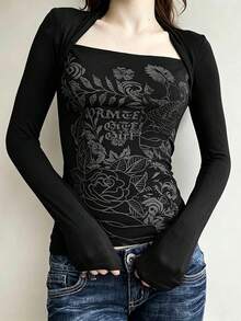 Women's Asymmetric Sheer Print Long Sleeve Top Spring Black - Black - View 5