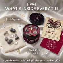 EVODUCK Vela del Zodiaco, Vela Aromática de Cristal del Zodiaco Escorpio, Vela de Lata de 3oz con Sándalo y Mirra con Cristales de Labradorita y Amuleto en el Interior, Soy Poderosa Regalo de Astrología para Mujeres, Regalo de Cumpleaños para Ella, Vela de Meditación y Autocuidado, Decoración Mística para el Dormitorio - Velas del zodíaco - Ver 11
