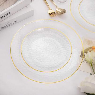 50/25/10pcs 7.5in/10.25in Transparent Gold Rim Hammered Plates - Round Dinnerware, Elegant Tableware, Floral Design Decor Plates Suitable For Party, Wedding, Holiday And Dining, Christmas