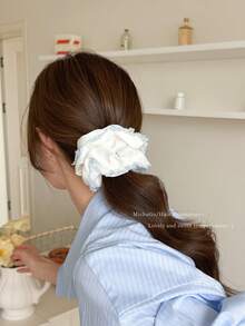1pc Satin White Scrunchie With Blue Trim, Sweet Silk Scarf Hair Tie, Slouchy Ponytail Holder, Spring - Multicolor - View 5