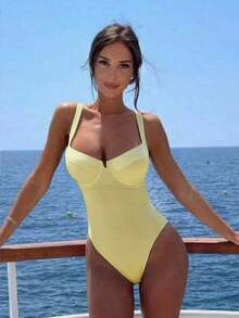 Traje de baño body elegante y sexy de cuello en V rojo, de llegada nueva primavera/verano de Polovedo, para playa, fiesta, cita, vacaciones - Amarillo - Ver 2