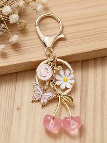 1pc Pink Sakura Flower & Butterfly Keychain With A-Z Letter Pendant, Floral & Butterfly Decor, Round Ring Suitable For Women Bag/Wallet/Car Keys, Suitable For Birthday/Christmas/Anniversary Gift (Personalized Initial Keychain) - J - 查看 7