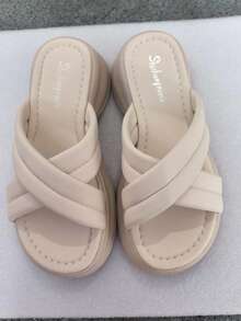 Sandalias de playa de mujer de unicolor de piel de PU con tiras cruzadas, para primavera/verano - Beis - Ver 1
