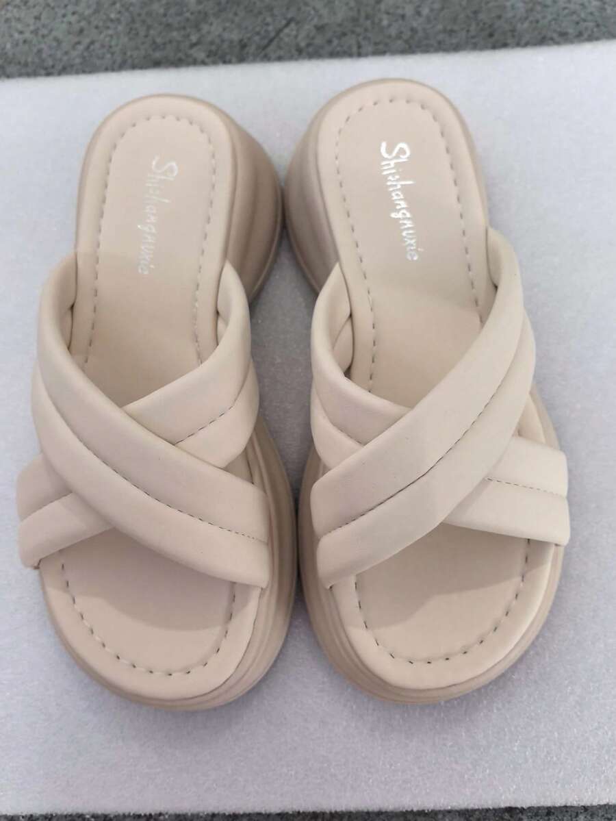 Sandalias de playa de mujer de unicolor de piel de PU con tiras cruzadas, para primavera/verano - Beis - Ver 1