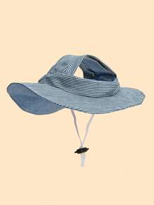 Polyester Blue Striped Sun Hat, Ear-Exposed Design, Anti-Drop, Adjustable, Sun Protection. Pet Supplies, Cat And Dog Hat, Suitable For Small Pets And Dogs Outdoor Wear. - Blue - View 8