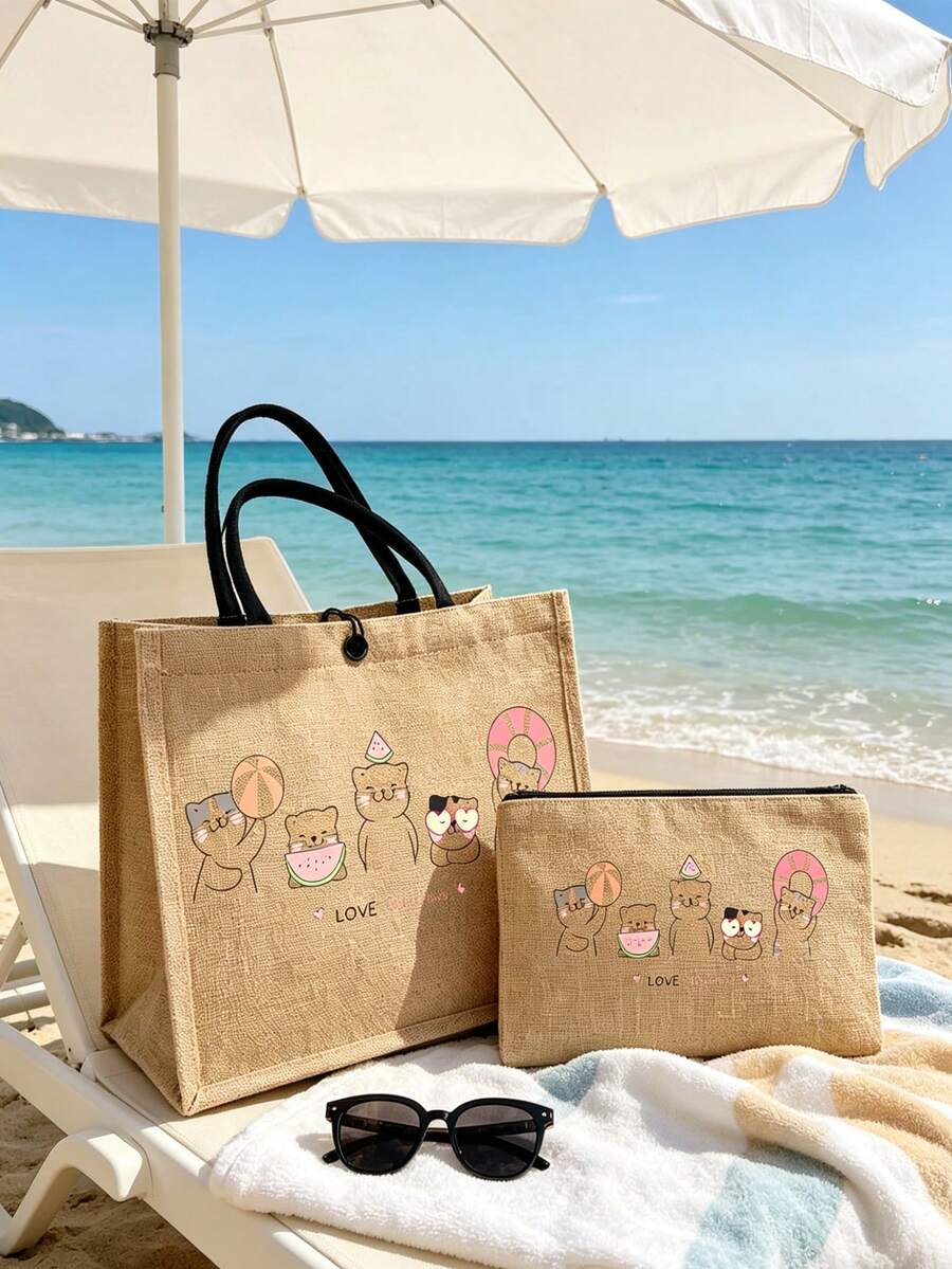Cat Print Canvas Tote Bag, Suitable For Summer Shopping, Travel Storage, Minimalist Linen Handbag, Suitable For Students, Office Workers, Anniversary, Birthday, Mother's Day And Other Occasions, Large Capacity And Portable - Multicolor - View 1