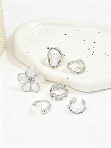 6pcs/Set Baroque Style Enamel Flower & Heart Shaped Faux Pearl Rings, Multilayer Chain Rings Set For Women - Silver - View 4