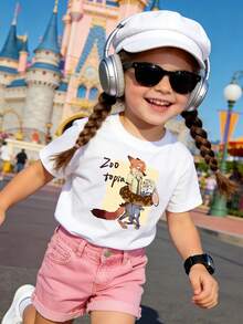One Disney Zootopia Kids T-Shirt With Donut Nick & Judy Zootopia Print. White Short-Sleeved Top For Boys And Girls. This Baby Girl Outfit Is Suitable For Everyday Wear, Versatile And Breathable, Perfect For Spring And Summer, Vacations, Outdoor Activities, Amusement Park Wear, And Makes A Great Gift For Children. - trắng - Xem 3
