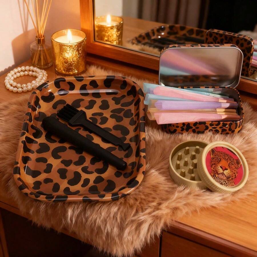 6pcs Rolling Tray Set, For Leopard Pattern Lovers | Includes 180*140mm Rolling Tray, Grinder, Tin Box, 1 Tube, Cleaning Brush, 8-Pack Colorful Cones | All-In-One Set, Smoking Accessories Kit, For Friends, Families, And Smokers - 6件套裝 - 查看 1