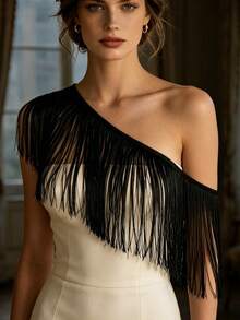 1 Áo croptop lệch vai màu đen tua rua, phong cách boho, gợi cảm, thích hợp cho hẹn hò, tiệc tùng, khiêu vũ và lễ hội. - YM - Xem 5