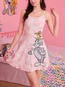 Noctvar OBM Sleepwear X TOM & JERRY 聯名款女式粉紅碎花吊帶睡裙，可愛卡通圖案柔軟居家服 - 粉色 - 查看 2