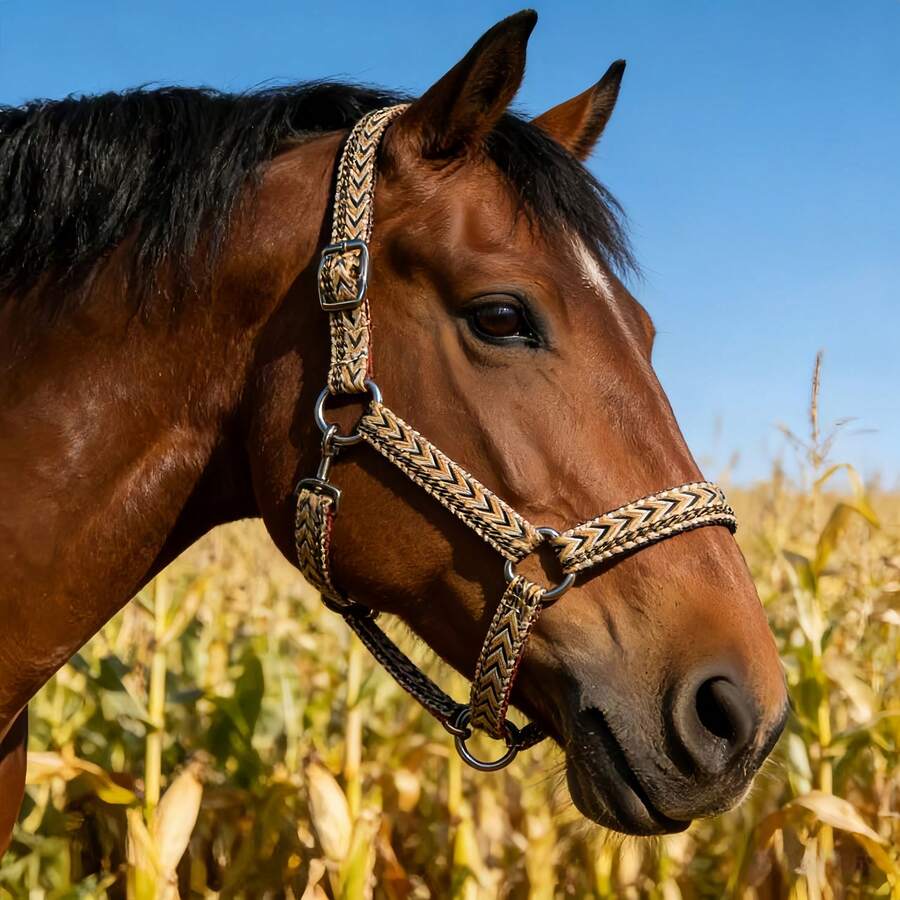 Brida de caballo de diseño jacquard de colores opcionales, diseño reforzado de nailon de doble capa, adecuado para competiciones ecuestres, doma clásica, entrenamiento diario de equitación, etc. - Amarillo - Ver 1
