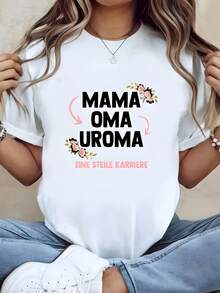 Camiseta mujer texto "MAMA OMA UROMA" en negro con detalles florales rosas y flechas diseño gráfico moderno - Blanco - Ver 7