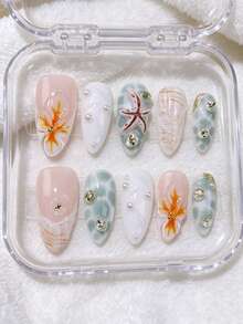 10片杏仁形可佩戴美甲贴片，夏日海洋风，饰有3D海星、芙蓉花、贝壳，清新薄荷绿沙滩度假假指甲，手工制作，可重复使用，适合新手，日常、旅行、沙滩派对皆宜，送给她的绝佳礼物 - 彩色 - 查看 4