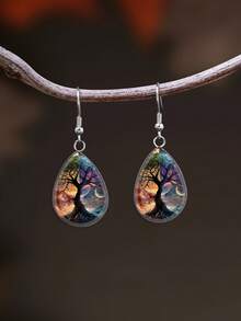 1 Pair Vintage Minimalist Sun & Moon Tree Of Life Pattern 316 Stainless Steel Water Drop Ear Hooks, Suitable For Women's Daily Wear - Multicolor - View 3