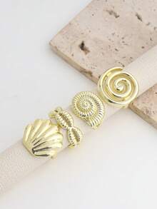 4pcs Fashionable Versatile Seashell & Scallop Zinc Alloy Rings, Multi-Element Stackable Scallop Ring Set For Women - Gold - View 3
