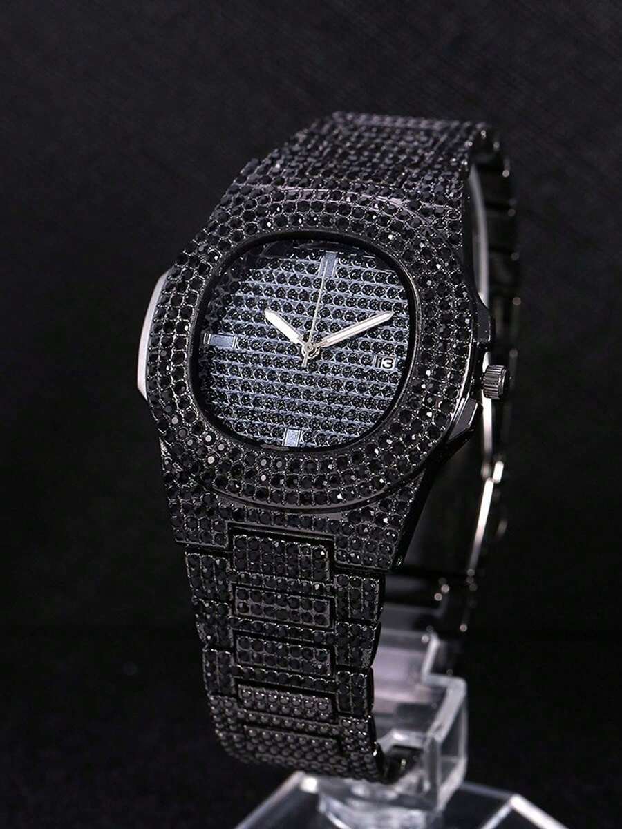 1-Piece Fashionable Luxury Full-Diamond Men's Steel Band Business Calendar Quartz Watch, Suitable For Business, Parties, And Daily Wear, Making It The Best Gift For Men. - Black - View 1