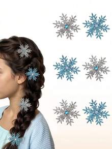 8Pcs Sparkly Snowflake Hair Clips Barrettes Hair Accessories Decorative Hair Pins Princess Frozen Cosplay Party Decorations (Blue And Silver) - Multicolor - View 6