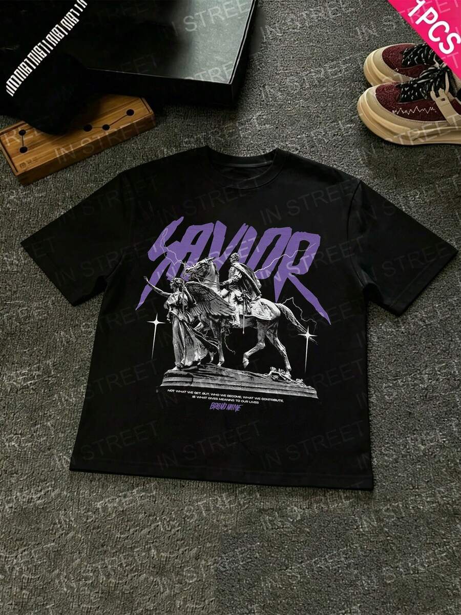 Savior Statue Print Men's Gothic Streetwear T-Shirt - màu đen - Xem 1