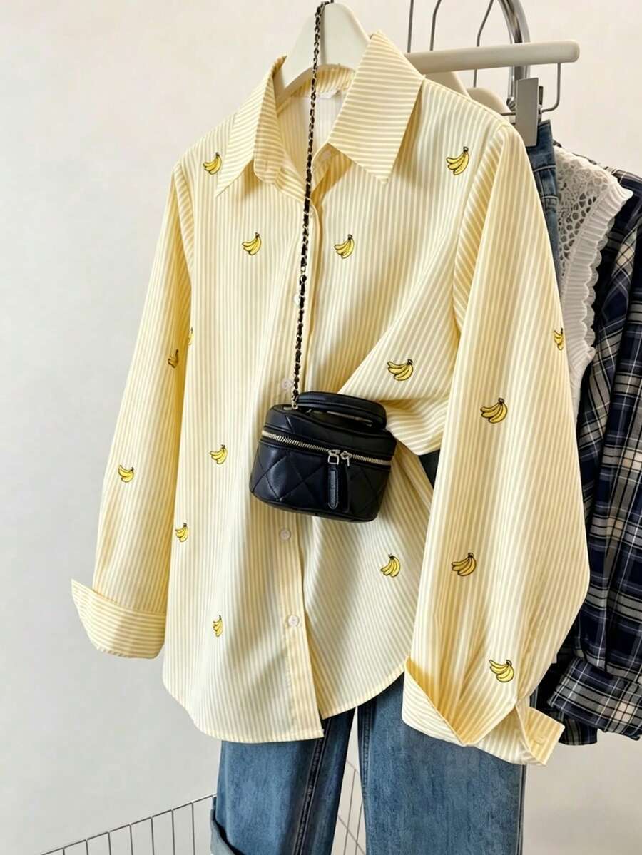 Women's Light Yellow Banana Print Striped Long Sleeve Loose Fashion Holiday Button-Up Shirt, Classic Fit, Suitable For Office And Casual Wear, Spring/Summer - Yellow - View 1
