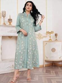 Vestido verde elegante y tradicional de estilo Ramadán 2026 con decoración floral metálica bordada, bata Jalabia de cuello en V, grácil y fresca - Verde - Ver 2