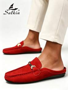 Salkin 新款时尚设计师男士穆勒拖鞋，透气柔软的套脚乐福鞋，优雅绅士拖鞋，带足弓支撑的男士家居鞋，柔软皮革，防滑橡胶鞋底，适合室内/室外办公休闲穿着，舒适凉鞋，父亲节/丈夫节/男友节的理想礼物，建议选大一码。 - 紅色 - 查看 7