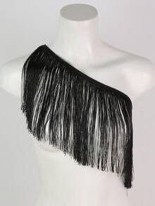 1 Áo croptop lệch vai màu đen tua rua, phong cách boho, gợi cảm, thích hợp cho hẹn hò, tiệc tùng, khiêu vũ và lễ hội. - YM - Xem 4