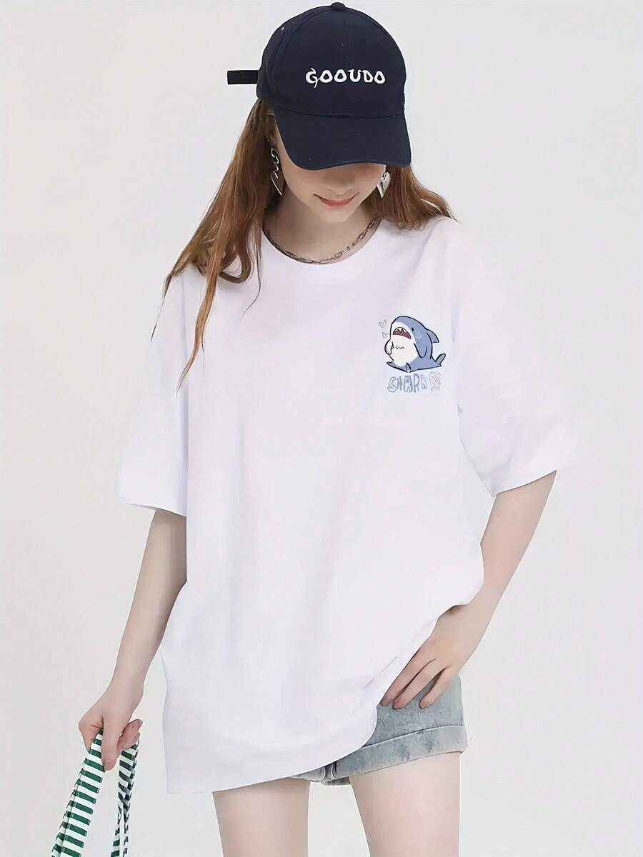 Extra-Large Cartoon Graphic T-Shirt By - Vintage Y2K Design, Comfortable Short Sleeves, Machine Washable, White With Blue And Black Design, Perfect For Casual Spring And Summer Outfits - X