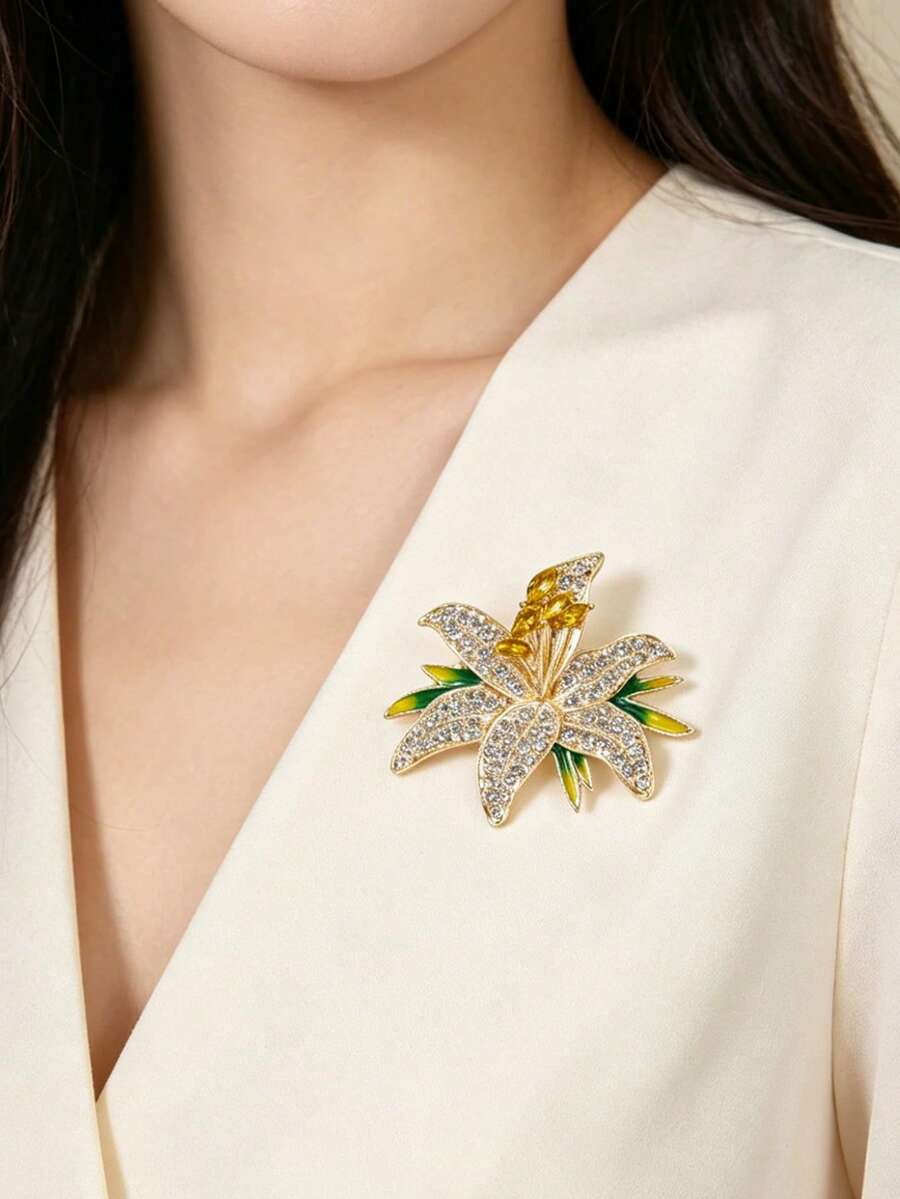 Broche de lírio de luxo totalmente em cristal, estilo minimalista elegante, material de liga metálica, adequado como acessório da moda e broche de lapela universal para mulheres. - Multicolorido - Ver 1