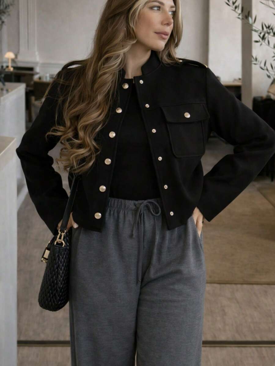 Vintage Button-Down Jacket, Women's Fashion, Winter, Long Sleeve, Spring, Casual, Elegant - 黑色 - 查看 1