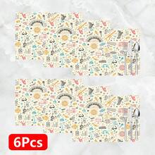 1件/4件/6件装卡通文具图案亚麻餐垫，适用于餐桌，四季皆宜，现代可水洗餐垫，房间装饰，杯垫，厨房餐垫，室内外派对装饰，家居装饰，理想礼物 - 彩色 - 查看 13