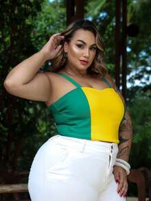 Women's Plus Size Cropped Top, Green And Yellow, World Cup Brazil, Cheering For The Brazilian National Team, Brazil's Games, Curve - 綠/黃 - 查看 2